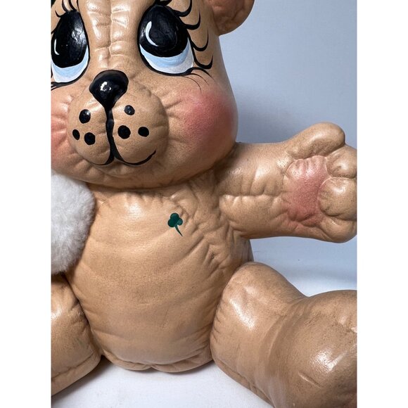 Vintage Teddy Bear Piggy Bank With Green Hat & Shamrock Accents - Picture 4 of 8